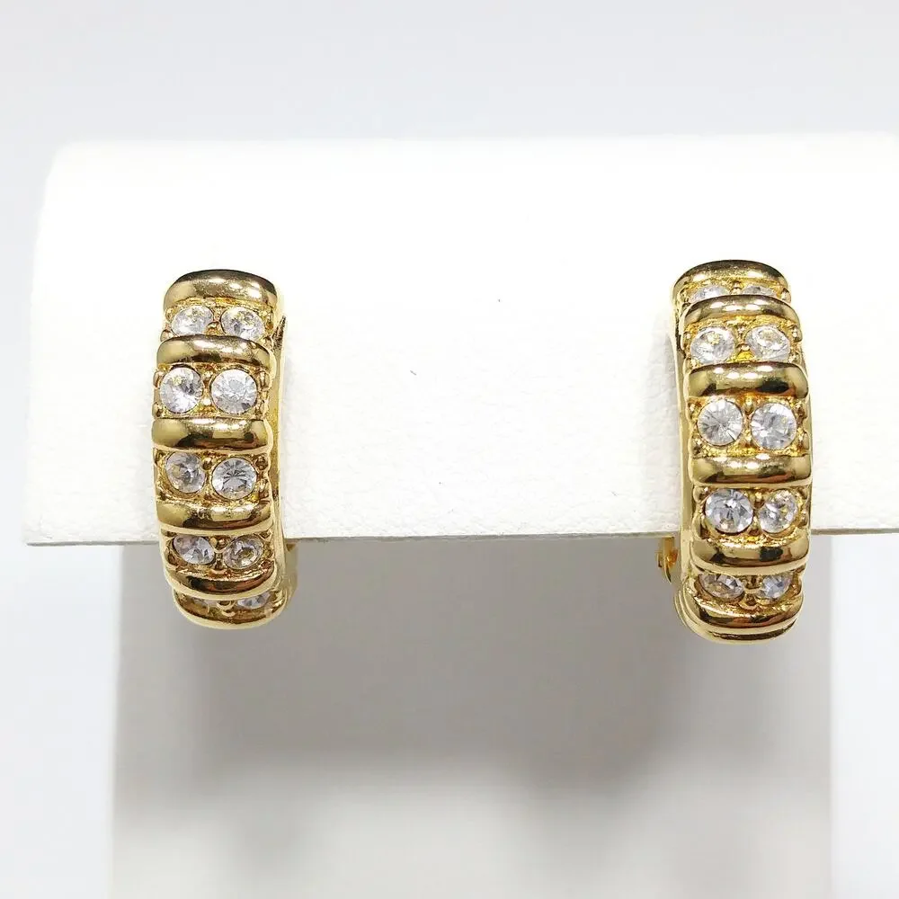 Swarovski Clear Rhinestone Half Hoop Clip On Earrings, Gold Tone, 1990s Vintage